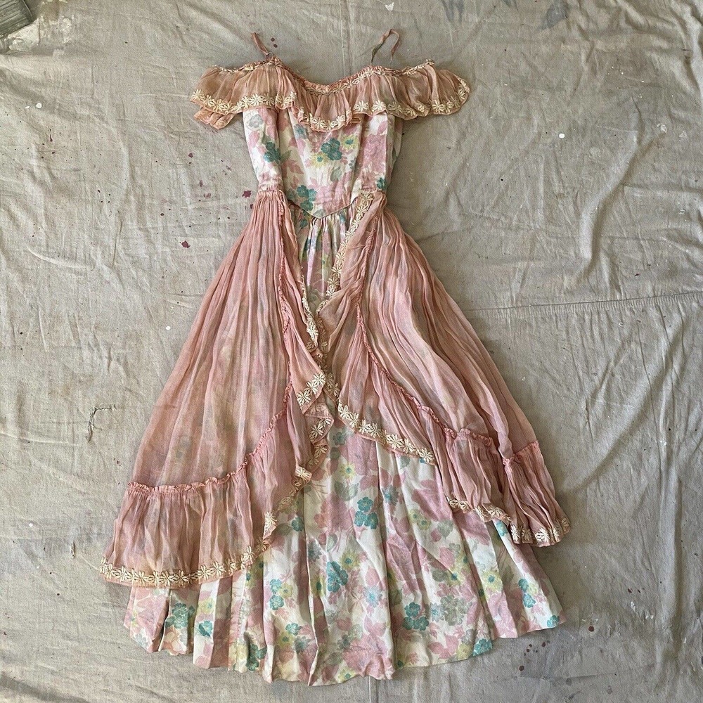 Rare Antique 1910s 20s Pannier Style Dress Floral Evening Gown Tea Dress